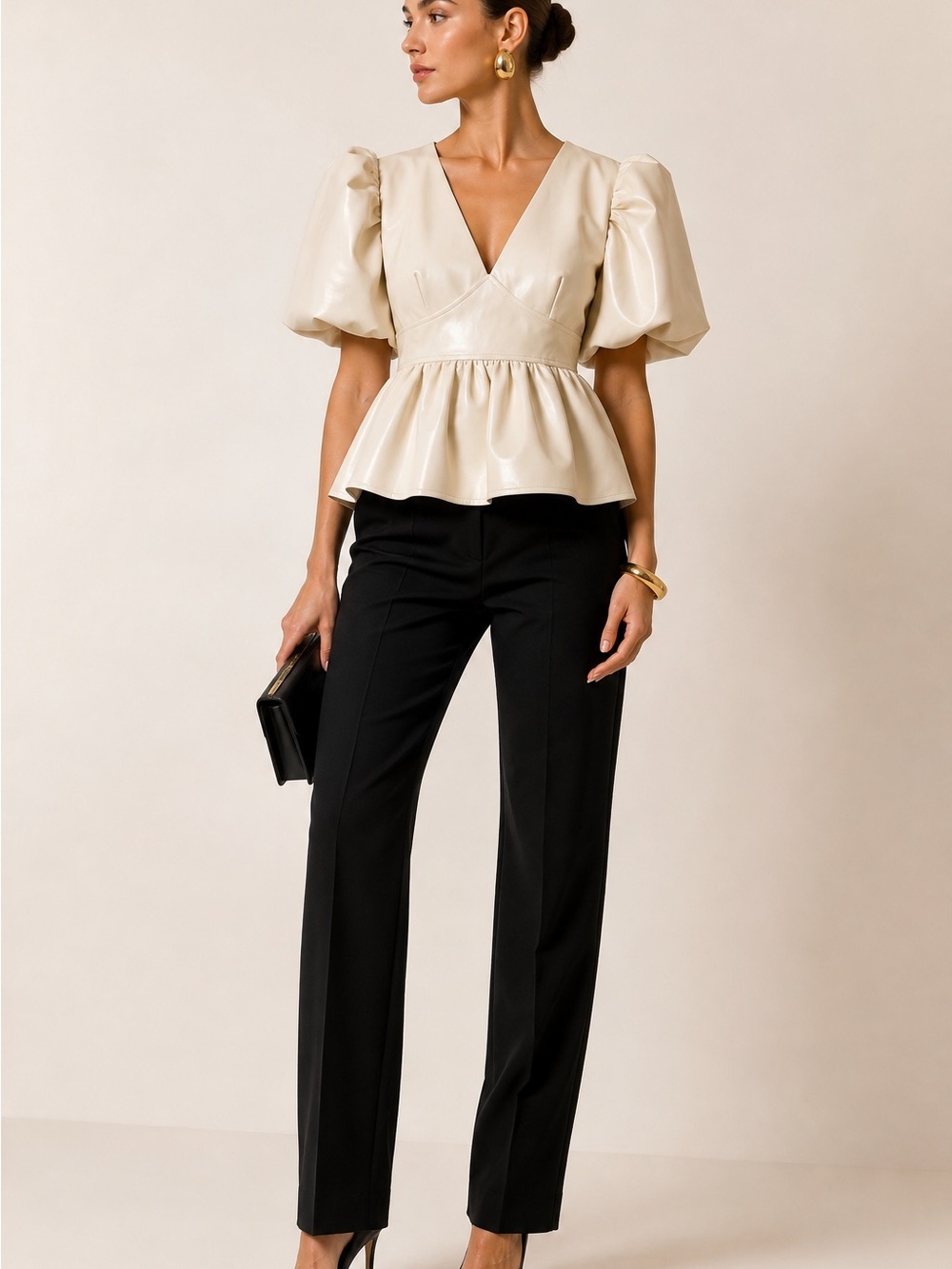 Elegant Cream V-Neck Peplum Blouse with Puff Sleeves